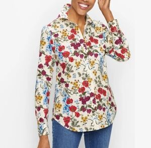 Talbots Cotton Button Front Shirt Poplin Elegant Floral Size Small Petite